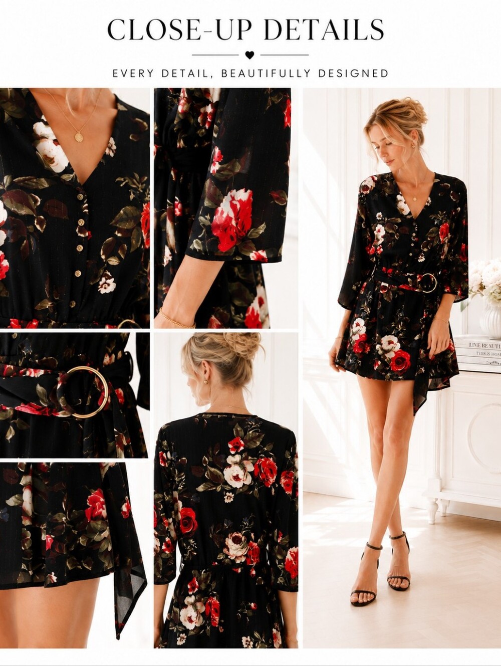 J for Justify Black Floral Mini Dress L Belted V Neck 3/4 Sleeve Romantic - Picture 5 of 11
